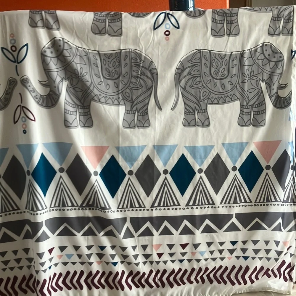 Bathroom Elephant Theme shower curtain & hooks, soap dispenser, hand towels,vase